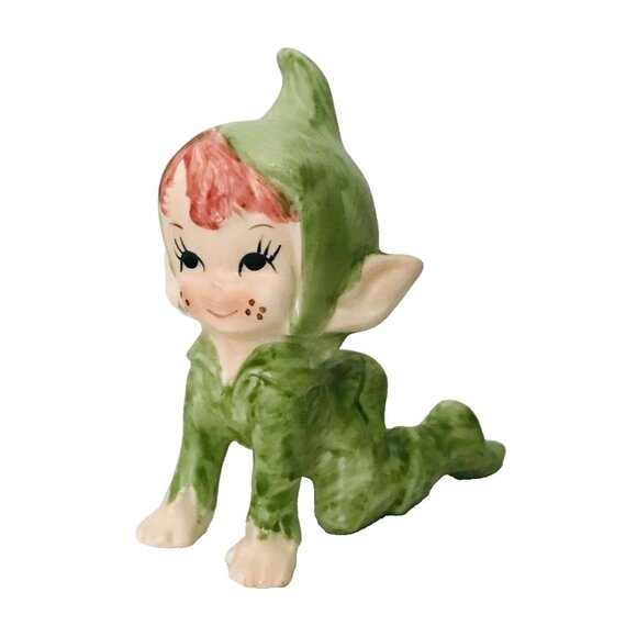 Vintage Lefton Japan Green Pixie Elf Ceramic Figurine Christmas Decoration - Picture 1 of 6